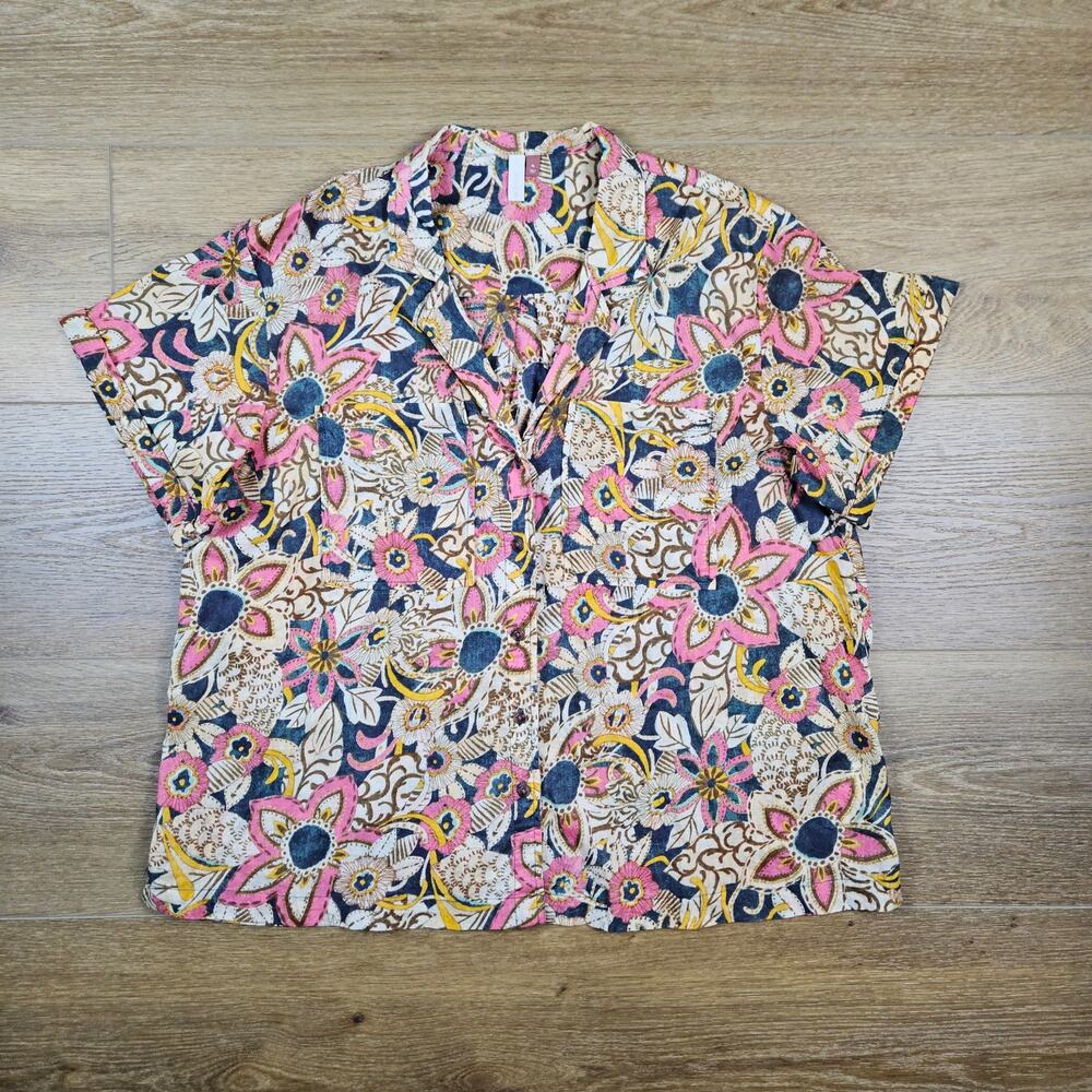 Pilcro Anthropologie Floral Cotton Camp Shirt XL Short Sleeve Boho Top